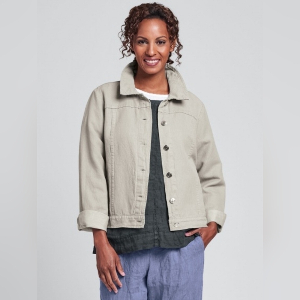 FLAX  Linen Khaki Denim Jacket Size P Lagenlook Natural Neutral Minimalist West